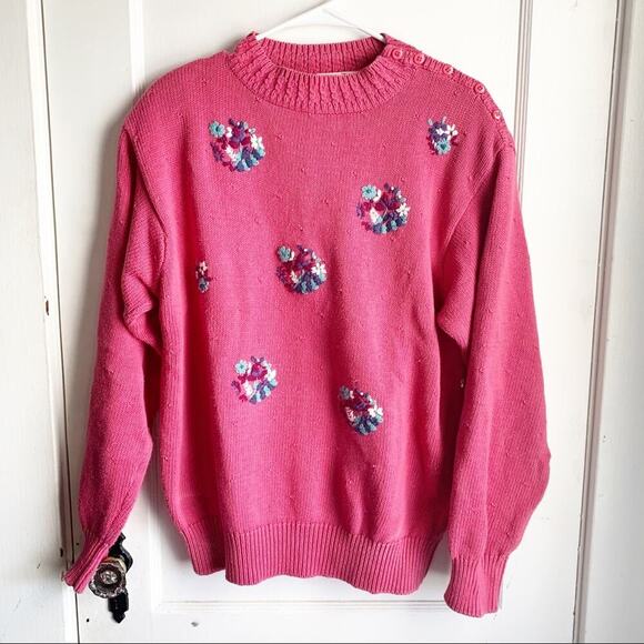Vintage Hand Loomed Embroidered Pink Crewneck Sweater Floral Designs Cottagecore - Picture 1 of 9